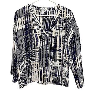 Parker Blue Black Ivory Print Silk Popover V Neck Blouse 3/4 Sleeves Boxy Sz XS